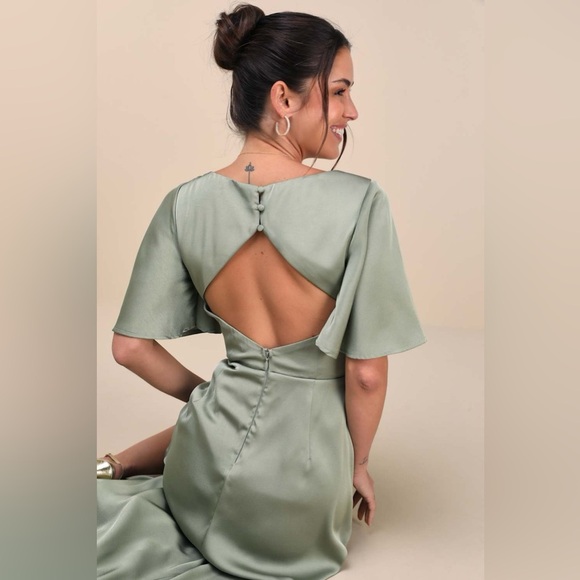 LULU’S Elegant Confidence Sage Satin Flutter Sleeve Cutout Maxi Dress - Picture 6 of 9